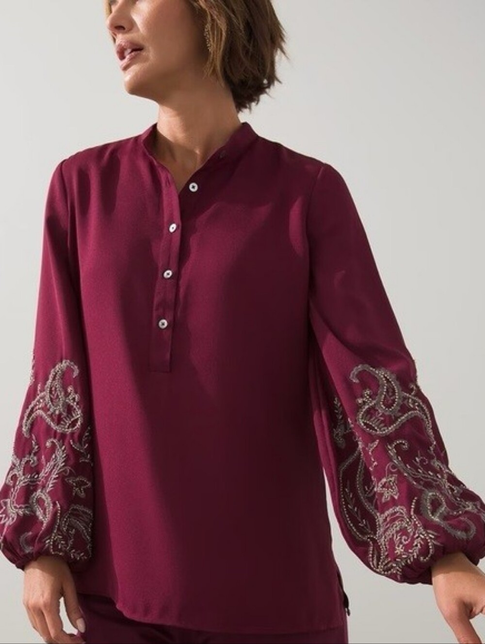 Chico's Embroidered Balloon-Sleeve Blouse - Burgundy with Silver Bead Accents 2